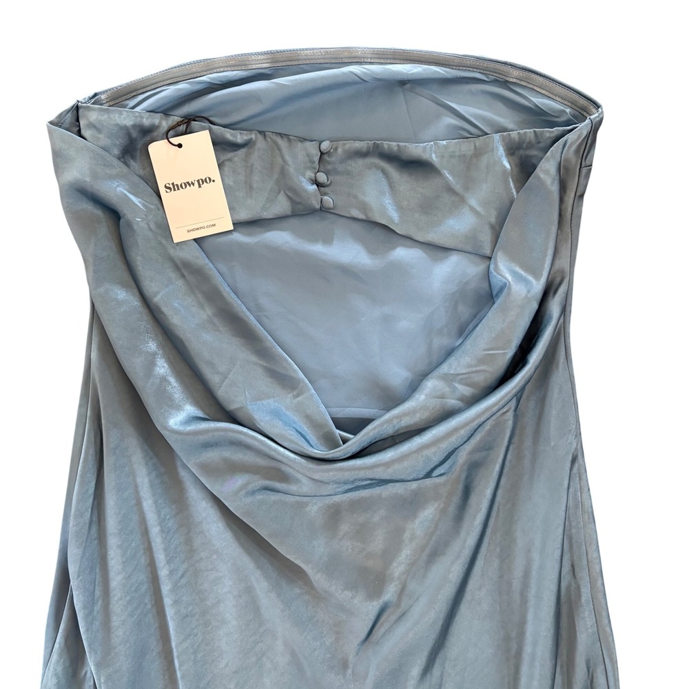 NWT Showpo. Charlita Strapless Cowl Back Satin Maxi Dress Blue Women's Size 10 - Picture 7 of 7